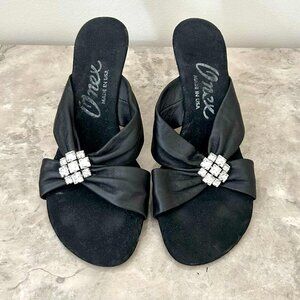 Onex Women's Black Slide Heels; Silver and Rhinestone Accents; Size 7